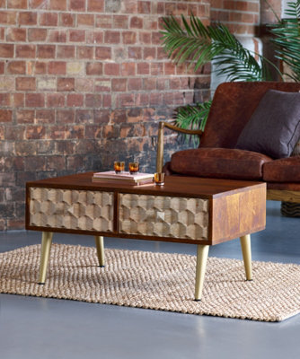 Lexus Wood And Metal Gold Coffee Table With 2 Drawers - image 1