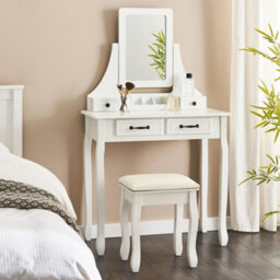 Beliani White Dressing Table With Mirror And Upholstered Stool, 4 Drawers - W80 X D40 X H138 Cm - thumbnail 1