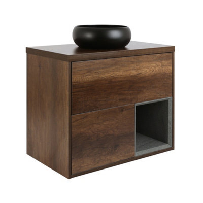Homestylestore Dark Oak 800mm Wall Hung Bathroom Vanity Unit Round Countertop Graphite Basin Open Shelf - image 1