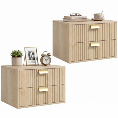 2Pcs Modern Floating Nightstands, 2 Drawers Bedside Tables, Oak - image 1