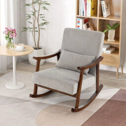 Wooden Rocking Accent Chair Upholstered Rocker Armchair W/ Rubber Wood Armrests - thumbnail 3