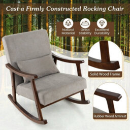 Wooden Rocking Accent Chair Upholstered Rocker Armchair W/ Rubber Wood Armrests - thumbnail 4