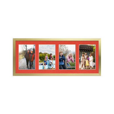 AK Frames 50X20Cm Gold Sleek Multi Photo Frame With Poppy Red Mount - Holds 4 Apertures (4X) 6X4 Photos - image 1