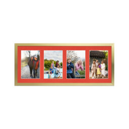 AK Frames 50X20Cm Gold Sleek Multi Photo Frame With Poppy Red Mount - Holds 4 Apertures (4X) 6X4 Photos - thumbnail 1