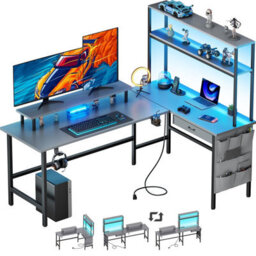 Precision Synergie L-Shaped Gaming Desk With Led Lights & Power Outlet, 170X100Cm, Grey