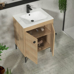 Royal Bathrooms Verona 600mm Natural Oak Floor Standing Vanity Unit 2 Door With Carrara White Basin & Matt Black Knob - thumbnail 5