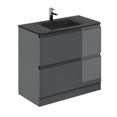 Plum&clay Marvel Gloss Dark Grey Floor Standing Bathroom Vanity Unit With Grey Glass Basin (W)900mm - image 1