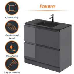 Plum&clay Marvel Gloss Dark Grey Floor Standing Bathroom Vanity Unit With Grey Glass Basin (W)900mm - thumbnail 6
