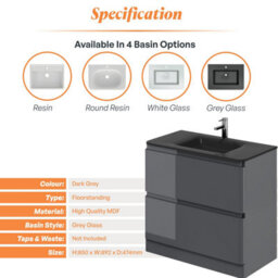 Plum&clay Marvel Gloss Dark Grey Floor Standing Bathroom Vanity Unit With Grey Glass Basin (W)900mm - thumbnail 5