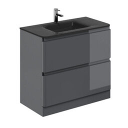 Plum&clay Marvel Gloss Dark Grey Floor Standing Bathroom Vanity Unit With Grey Glass Basin (W)900mm