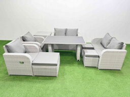 Fimous 9 Pieces Outdoor Pe Rattan Sofa Reclining Chair Set With Cushions Side Table 3 Stools Light Grey - thumbnail 2