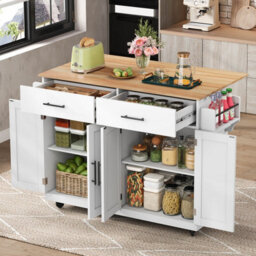 Btm Kitchen Island On Wheels Drop Leaf Serving Trolley With Storage Interchangeable Wheels And Solid Wood Feet - thumbnail 3