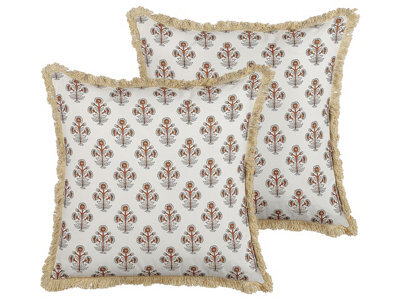 Beliani Set Of 2 Decorative Cushions Omorika Cotton 45 X 45 Cm White Floral Pattern - image 1