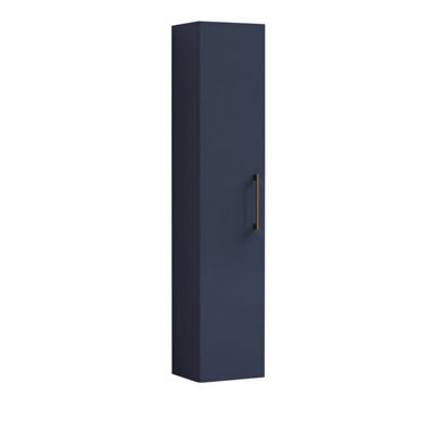 Balterley Level Modern Bathroom 1 Soft Close Door Wall Hung Tall Storage Unit, Satin Dark Blue With Brushed Bronze Handle, 300 mm