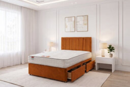"Knight Sleep Sky Orange Plush Bed Set With Mattress, 2 Drawers Same Side & 24""headboard, 4Ft6 - Double"