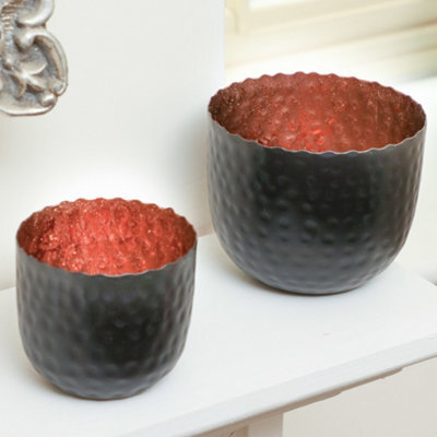 Dibor Set Of 2 Black And Copper Hammered Decoration Centrepiece Décor Tealight Christmas Candle Holder - image 1