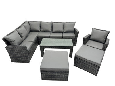 Fimous 9 Seat Poly Rattan Outdoor Patio Oblong Coffee Table Corner Sofa Set With 2 Big Stool Chair For Backyard Dark Grey Mixed - image 1