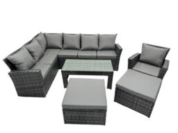 Fimous 9 Seat Poly Rattan Outdoor Patio Oblong Coffee Table Corner Sofa Set With 2 Big Stool Chair For Backyard Dark Grey Mixed - thumbnail 1
