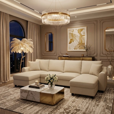 Fenchilin Chenille U-Shaped Sectional Sofa With 2 Storage Chaise Lounges, 2 Cushions 4-Seater Comfy Couch Beige - image 1