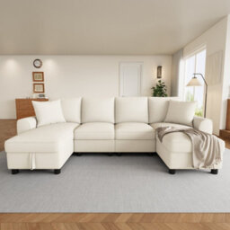 Fenchilin Chenille U-Shaped Sectional Sofa With 2 Storage Chaise Lounges, 2 Cushions 4-Seater Comfy Couch Beige - thumbnail 4