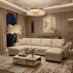 Fenchilin Chenille U-Shaped Sectional Sofa With 2 Storage Chaise Lounges, 2 Cushions 4-Seater Comfy Couch Beige - thumbnail 1