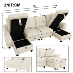 Fenchilin Chenille U-Shaped Sectional Sofa With 2 Storage Chaise Lounges, 2 Cushions 4-Seater Comfy Couch Beige - thumbnail 3