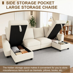 Fenchilin Chenille U-Shaped Sectional Sofa With 2 Storage Chaise Lounges, 2 Cushions 4-Seater Comfy Couch Beige - thumbnail 2
