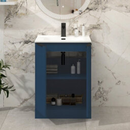 Royal Bathrooms Evora 600mm Midnight Blue Fluted Floor Standing Bathroom Vanity Unit 2 Door Cabinet With Ceramic Basin & Matt Black Handles - thumbnail 3
