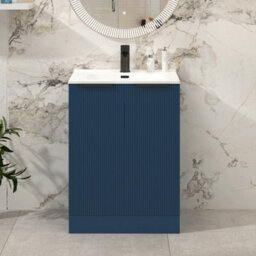 Royal Bathrooms Evora 600mm Midnight Blue Fluted Floor Standing Bathroom Vanity Unit 2 Door Cabinet With Ceramic Basin & Matt Black Handles