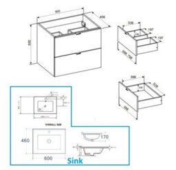 Impact Furniture Bathroom Vanity Unit With Sink 600mm Beige Wall Cabinet Floating 2 Drawer Cashmere Storage Dalia - thumbnail 8