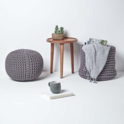 Homescapes Sea Grey Round Cotton Knitted Pouffe Footstool - thumbnail 6