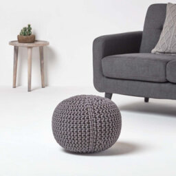 Homescapes Sea Grey Round Cotton Knitted Pouffe Footstool - thumbnail 2