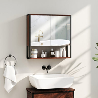 Homcom Industrial Bathroom Cabinet With 2 Mirrored Doors Open Shelf, Natural - image 1