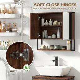 Homcom Industrial Bathroom Cabinet With 2 Mirrored Doors Open Shelf, Natural - thumbnail 5