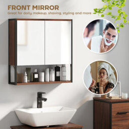 Homcom Industrial Bathroom Cabinet With 2 Mirrored Doors Open Shelf, Natural - thumbnail 4