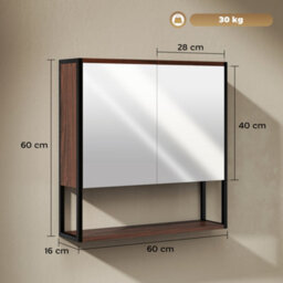 Homcom Industrial Bathroom Cabinet With 2 Mirrored Doors Open Shelf, Natural - thumbnail 3