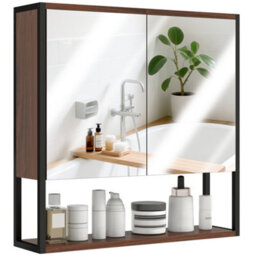 Homcom Industrial Bathroom Cabinet With 2 Mirrored Doors Open Shelf, Natural - thumbnail 2