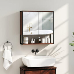 Homcom Industrial Bathroom Cabinet With 2 Mirrored Doors Open Shelf, Natural - thumbnail 1