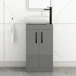 Royal Bathrooms 500mm Floor Standing Vanity Unit 2 Door Indigo Grey Gloss & Countertop Basin - Elva With Matt Black Handle - thumbnail 1