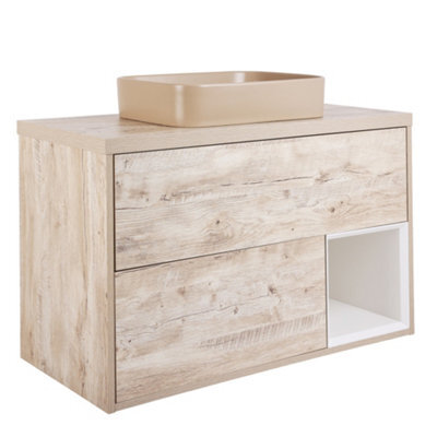 Homestylestore Light Oak 1000mm Led Lit Wall Hung Bathroom Vanity Unit With Rectangular Sand Countertop Basin - image 1
