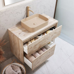 Homestylestore Light Oak 1000mm Led Lit Wall Hung Bathroom Vanity Unit With Rectangular Sand Countertop Basin - thumbnail 2