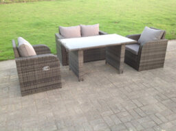 Fimous Rattan Garden Furniture Set Adjustable Chair Double Love Seat 2 Seater Sofa Oblong Rectangular Black Glass Dining Table - thumbnail 2