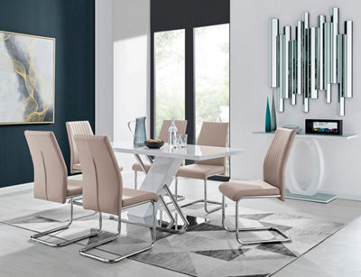 Furniturebox Sorrento White High Gloss And Chrome Dining Table And 6 Cappuccino Grey Lorenzo Dining Chairs - image 1