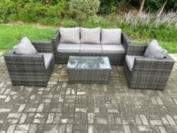 Fimous 5 Seater Outdoor Lounge Sofa Set Wicker Pe Rattan Garden Furniture Set With Armchair Oblong Coffee Table Dark Grey Mixed - thumbnail 1