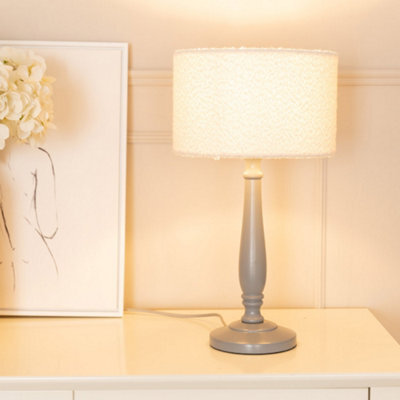 Valuelights Victoria Candlestick Grey Wood Table Lamp With Cream Boucle Drum Lamp Shade - image 1