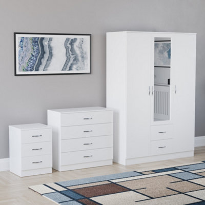 Lassic Vida Designs Riano 3 Piece Bedroom Set (3 Drawer Bedside Chest, 4 Drawer Chest, 3 Door 2 Drawer Mirrored Wardrobe), White - image 1