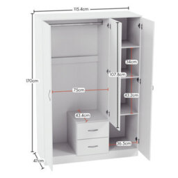 Lassic Vida Designs Riano 3 Piece Bedroom Set (3 Drawer Bedside Chest, 4 Drawer Chest, 3 Door 2 Drawer Mirrored Wardrobe), White - thumbnail 3