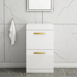 Royal Bathrooms Turin 500mm Gloss White Floor Standing Worktop Vanity Unit - 2 Drawer With Brushed Brass Handle