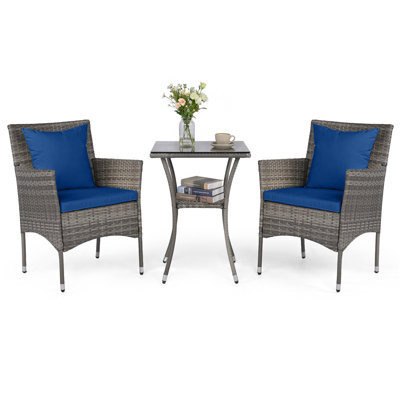 Costway 3 Pcs Patio Wicker Bistro Set W/ 2 Rattan Chairs Outdoor Conversation Furniture Set With Cushions-Navy