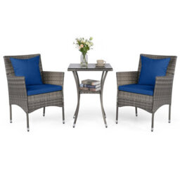 Costway 3 Pcs Patio Wicker Bistro Set W/ 2 Rattan Chairs Outdoor Conversation Furniture Set With Cushions-Navy
